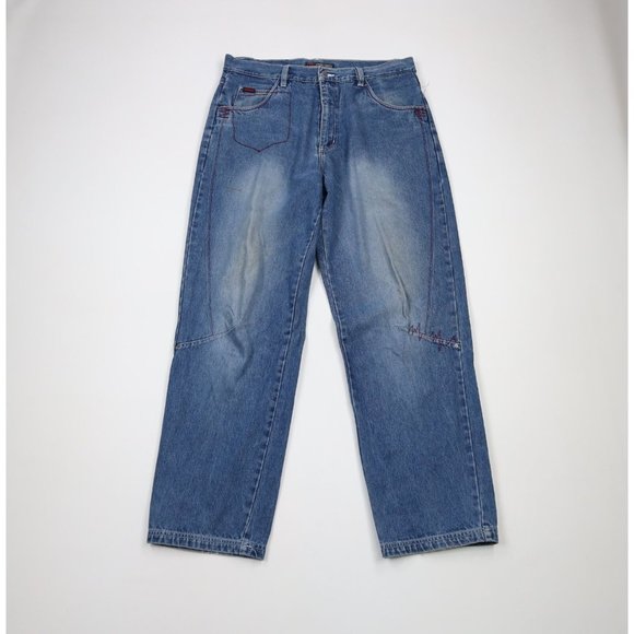 Vintage 90s FUBU Mens 36x34 Distressed Baggy Loose Fit Wide Leg Denim Jeans - Picture 1 of 16